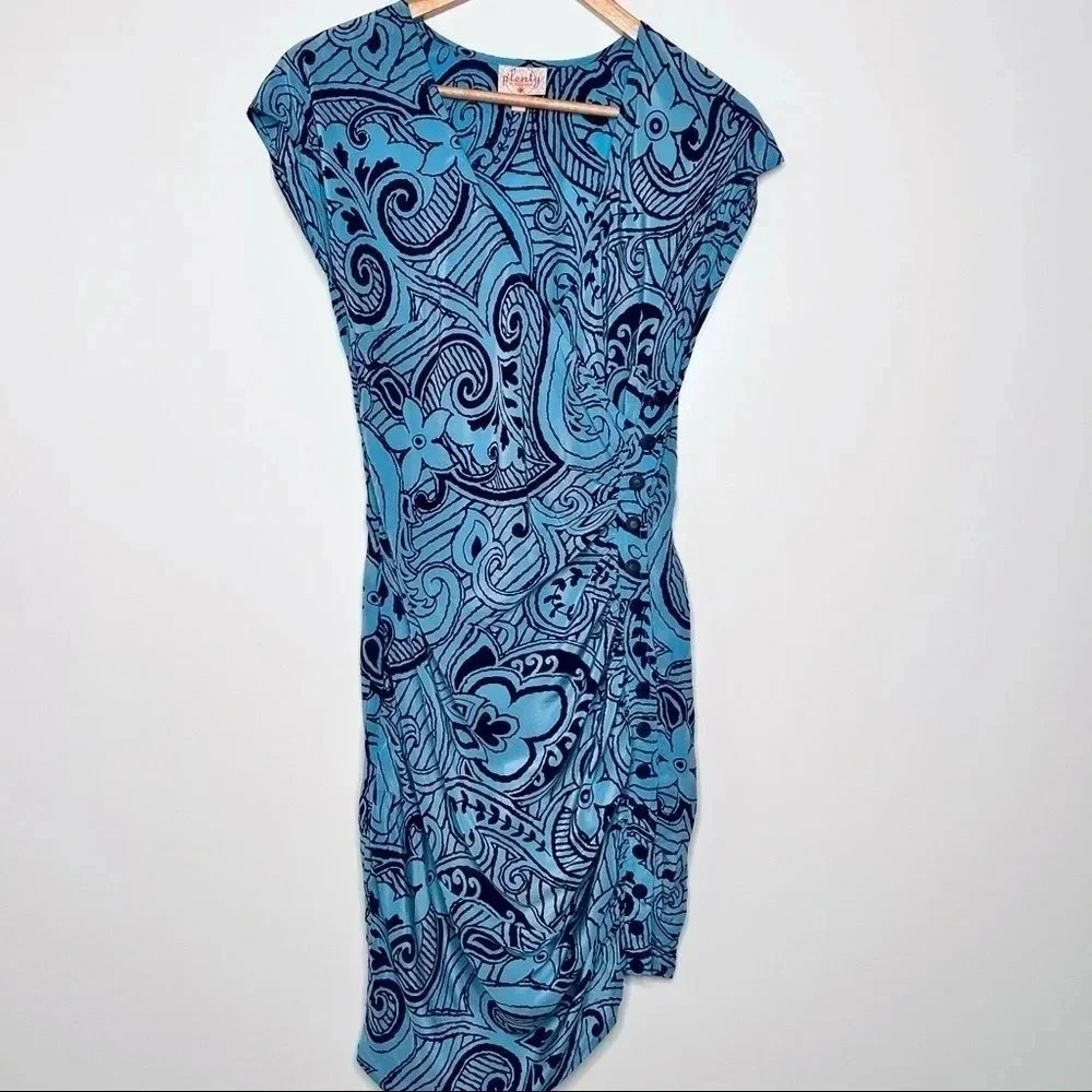 Plenty by Tracy Reese Blue Silk Wrap Side Button Dress Size 6 - Picture 2 of 11